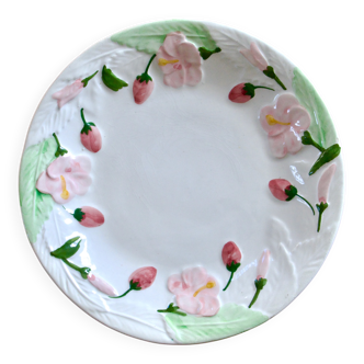 Vintage Portuguese earthenware dish with strawberries and pink flowers