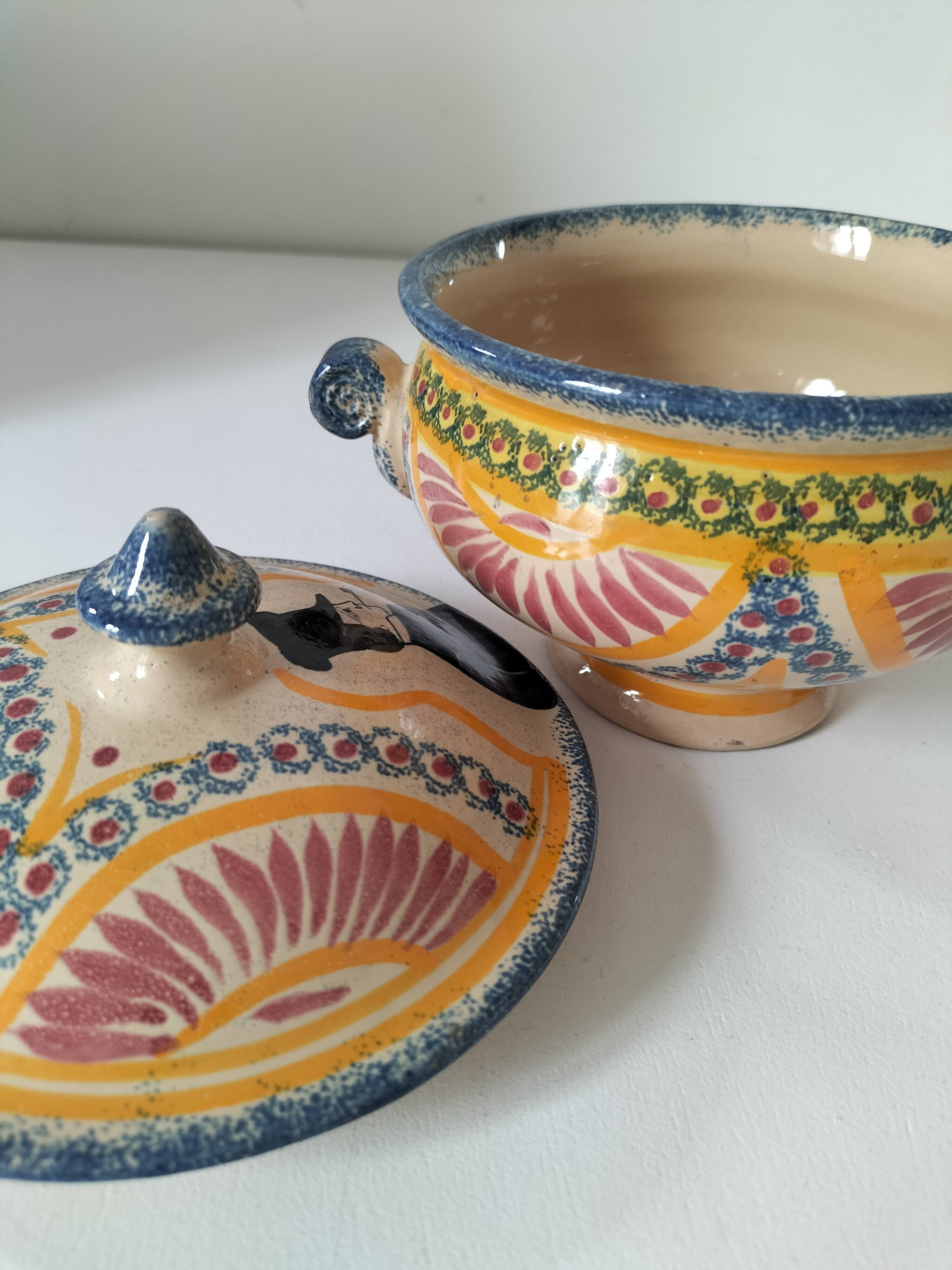 Rare old Quimper candy box decorated with pink basket and Breton portrait