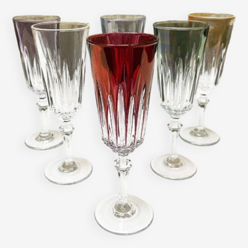 6 old champagne flutes in two-tone glass