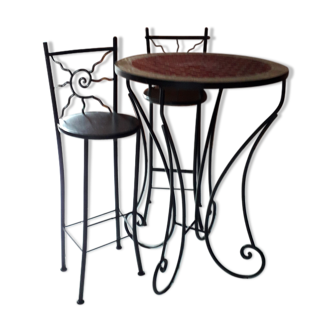 Wrought iron Gueridon and its 2 chairs