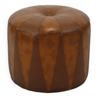 Pouf Rond Vintage Bicolore Cuir Skaï Marron Patchwork Sixties