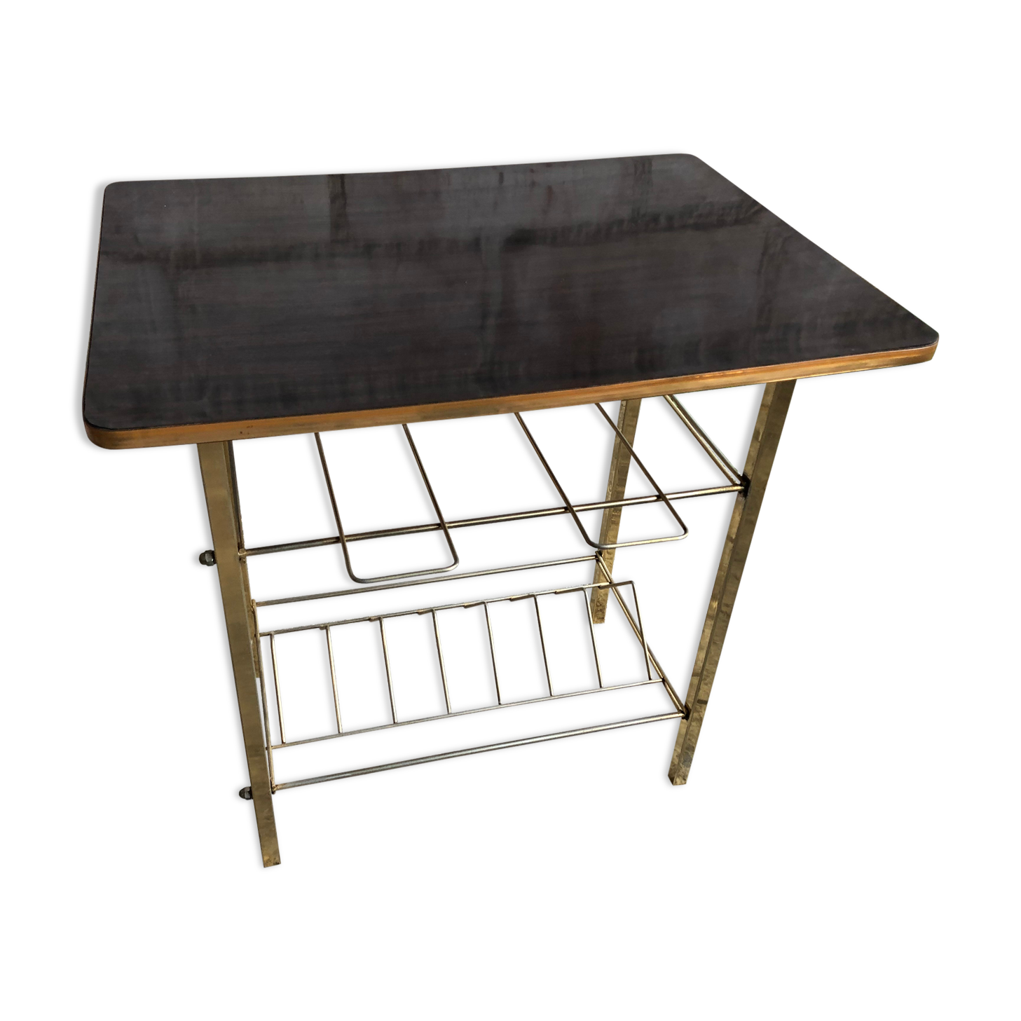 Old Furniture Table Hifi Door Vinyls Golden Metal + Formica Vintage Tray