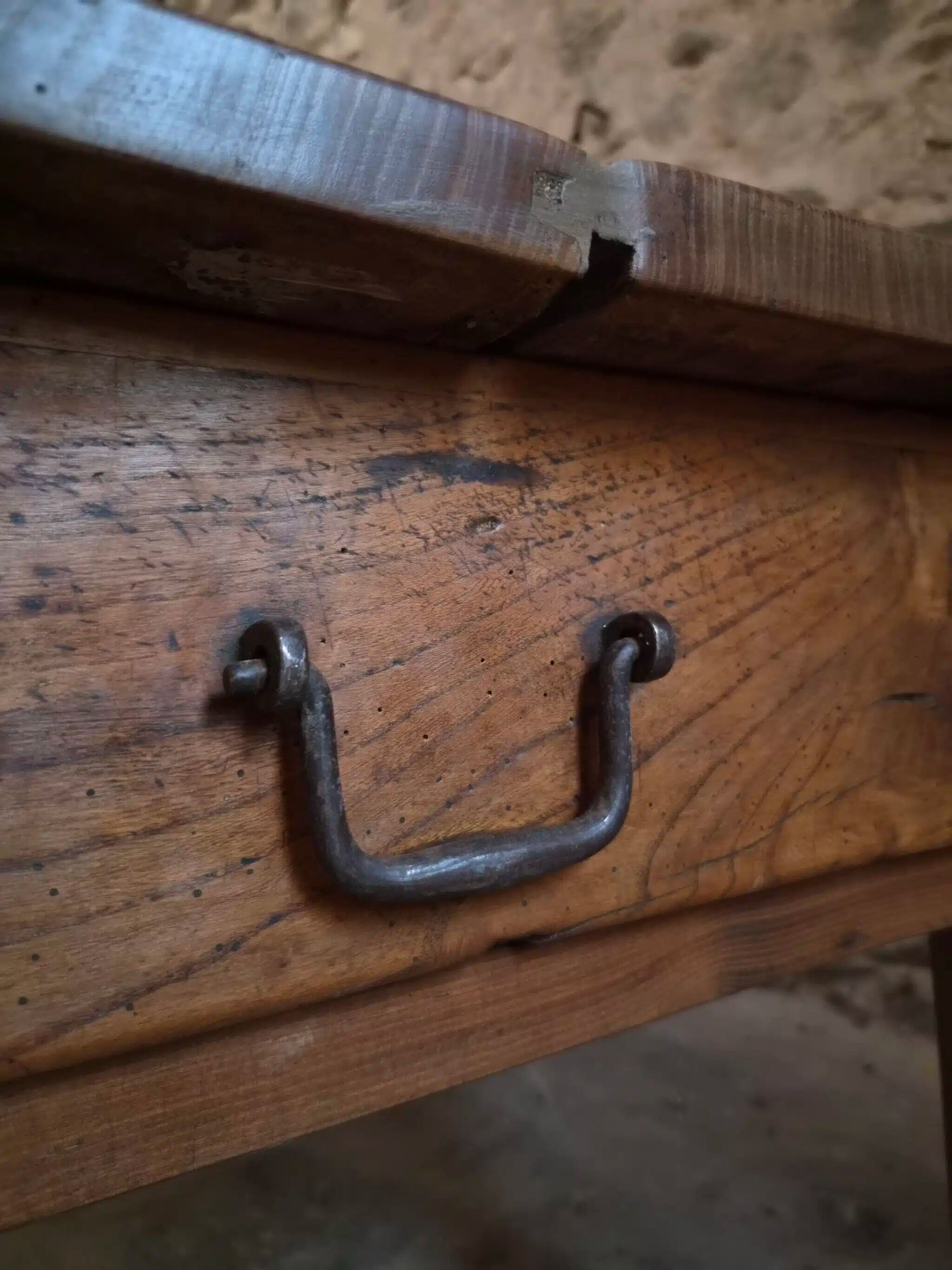 18th-century French farmhouse dining table in oak and chestnut.