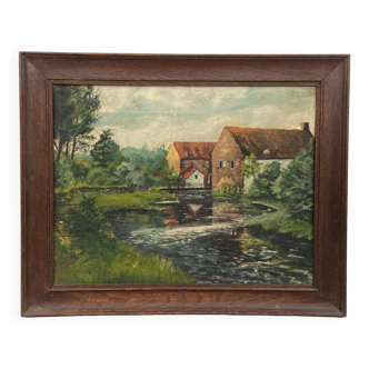 Oil on canvas early 20th century mill and river natural wood frame