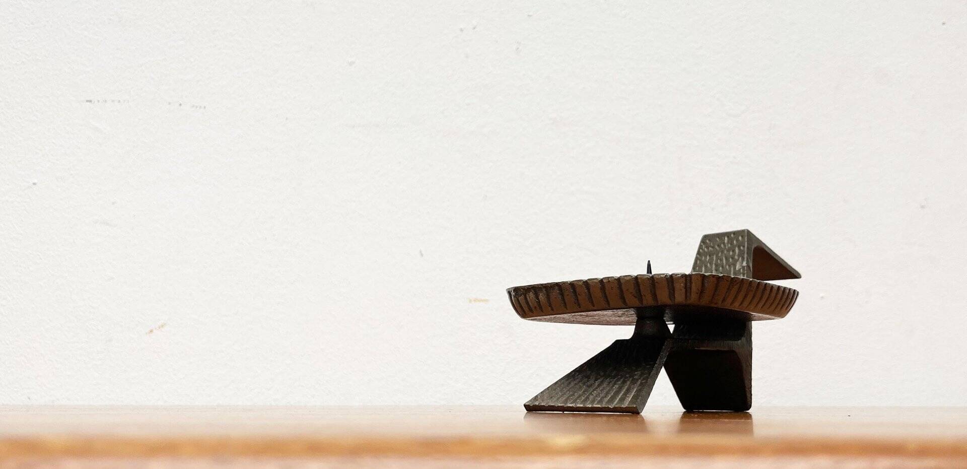 Brutalist Japanese bronze candlestick from the mid-century for Beva, 1960s.