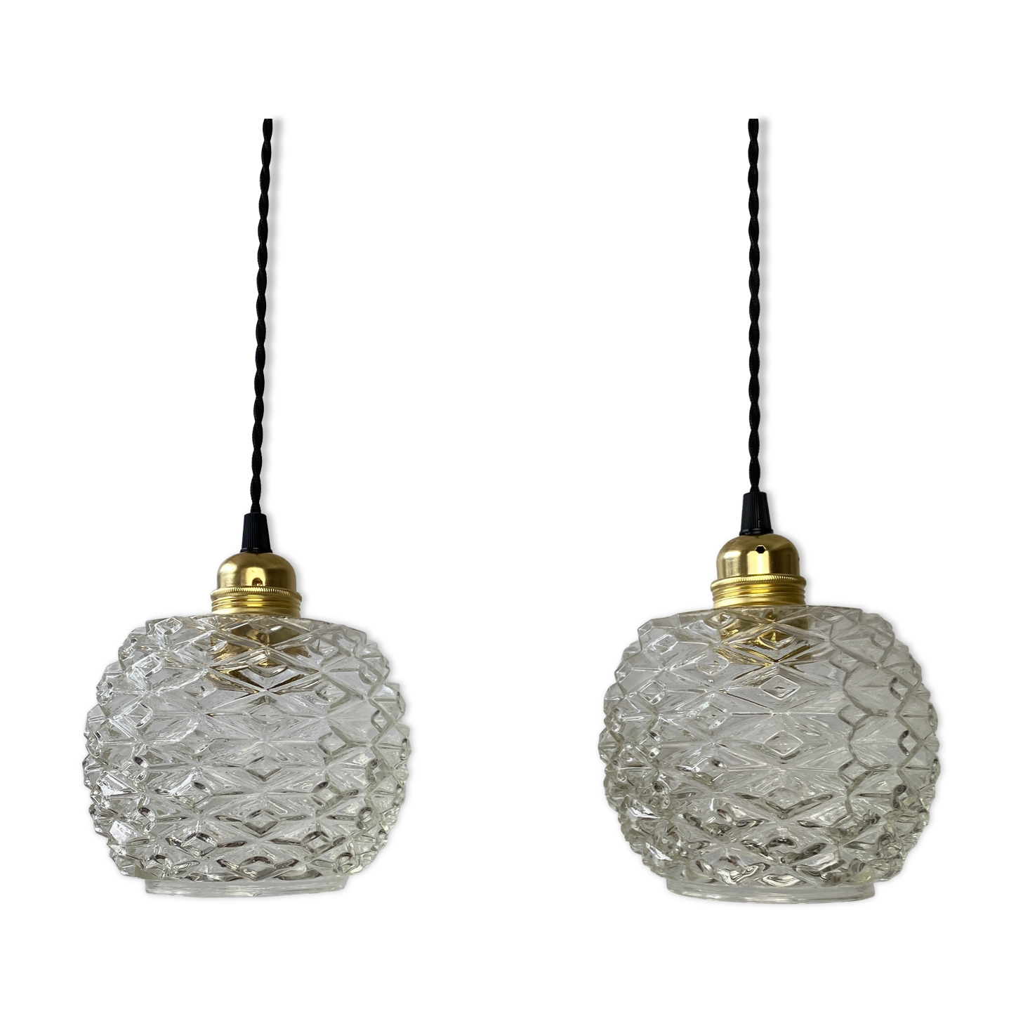 Pair of vintage molded glass pendant lamps