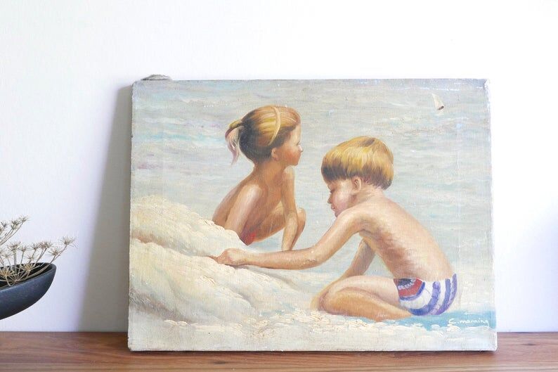Oil painting: children's games, 1950s