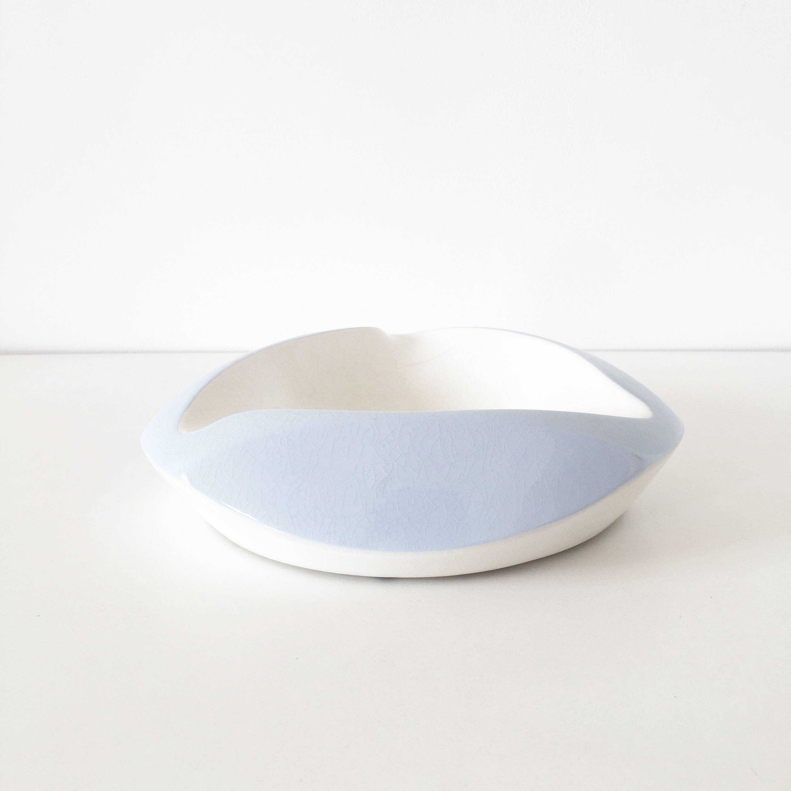 Large white and sky blue ceramic catchall from the 1950s.