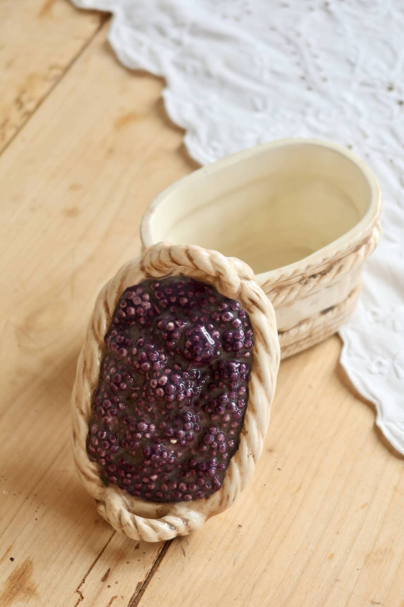 Vintage barbotine sugar bowl / sweet jar blackberry basket
