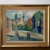 Peinture à l’huile suédoise vintage du milieu du siècle