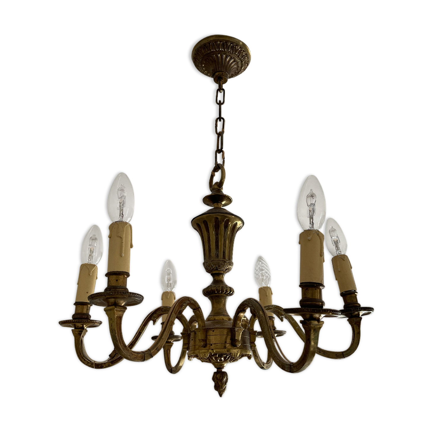 Lustre 6 Branches En Laiton - Style Ancien, Pour Salon, Occasion En Bon état