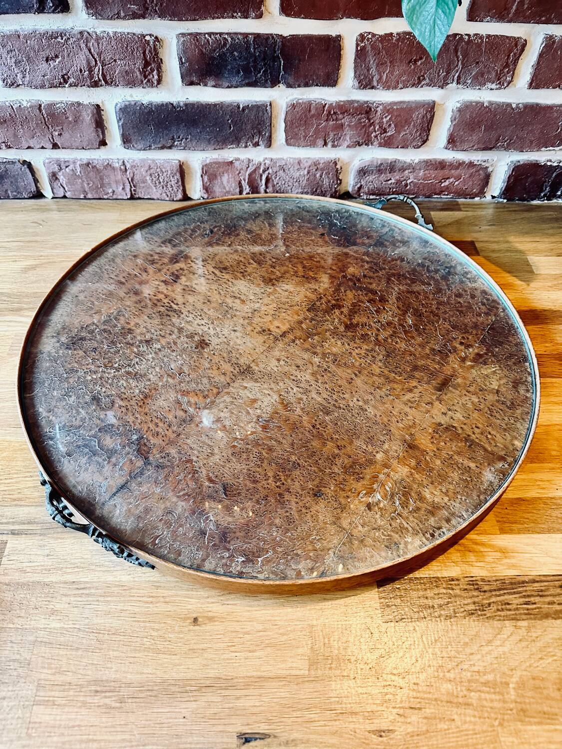 Large old wood glass metal tray