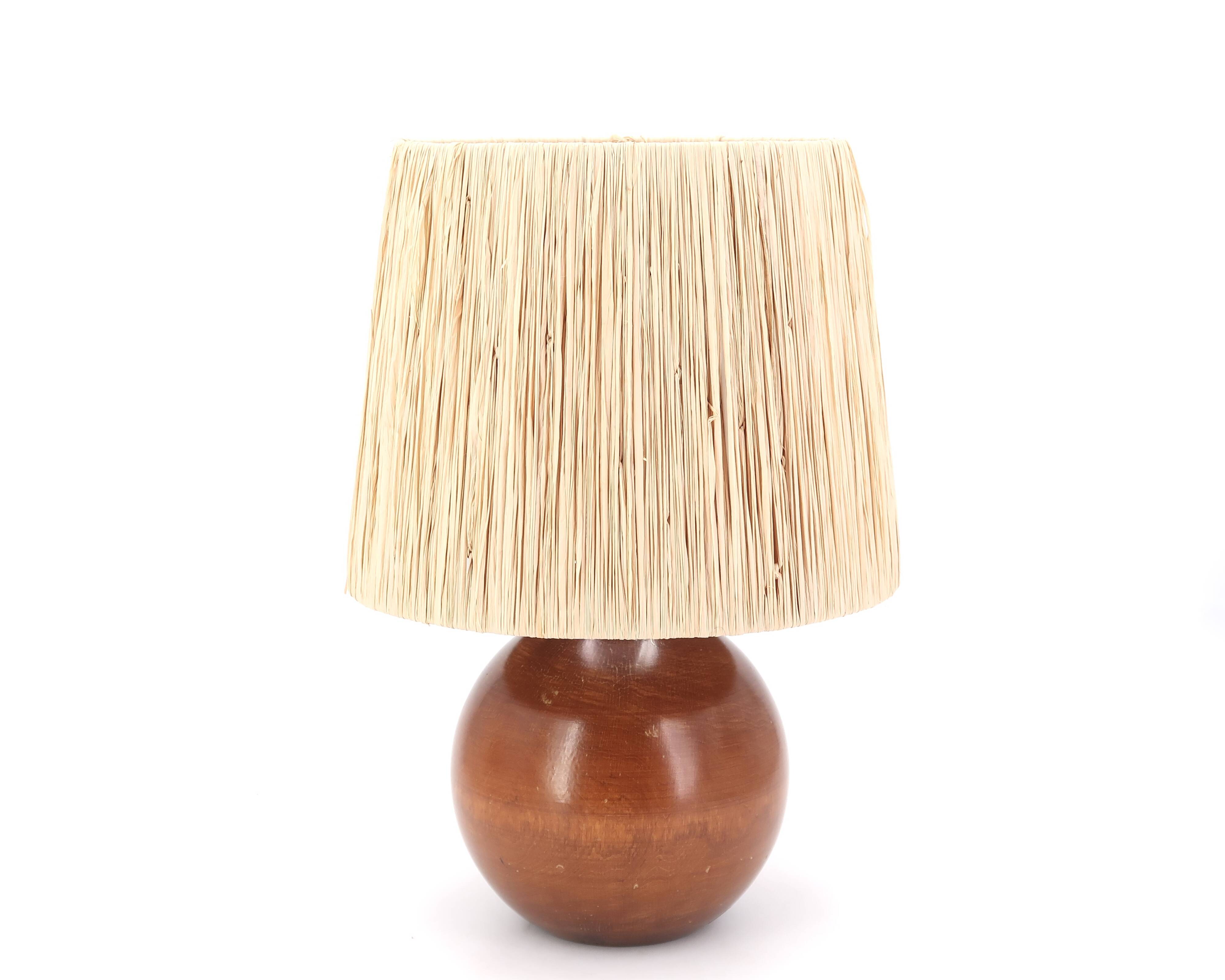 Italian wooden ball lamp, raffia lampshade, 1970s
