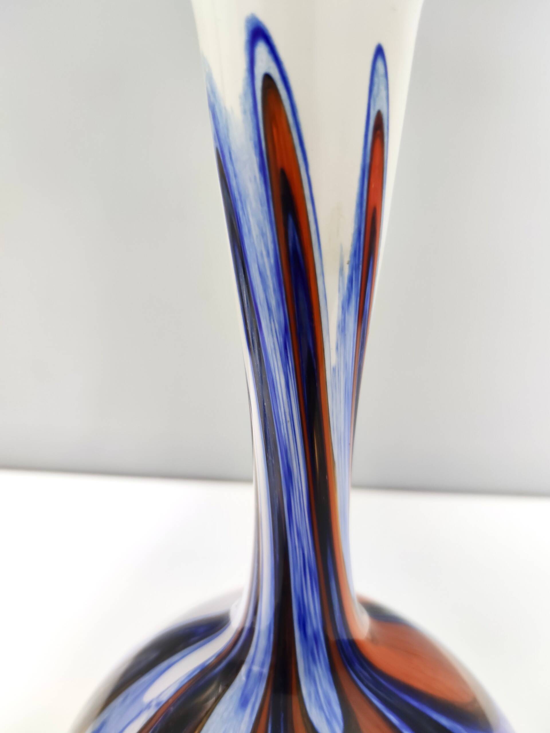 Large Orange, White and Blue Glass Vase by Opaline Florence, Italy