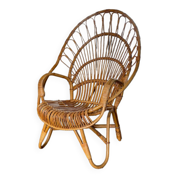 Fauteuil en rotin et bambou du milieu du siècle, années 1950