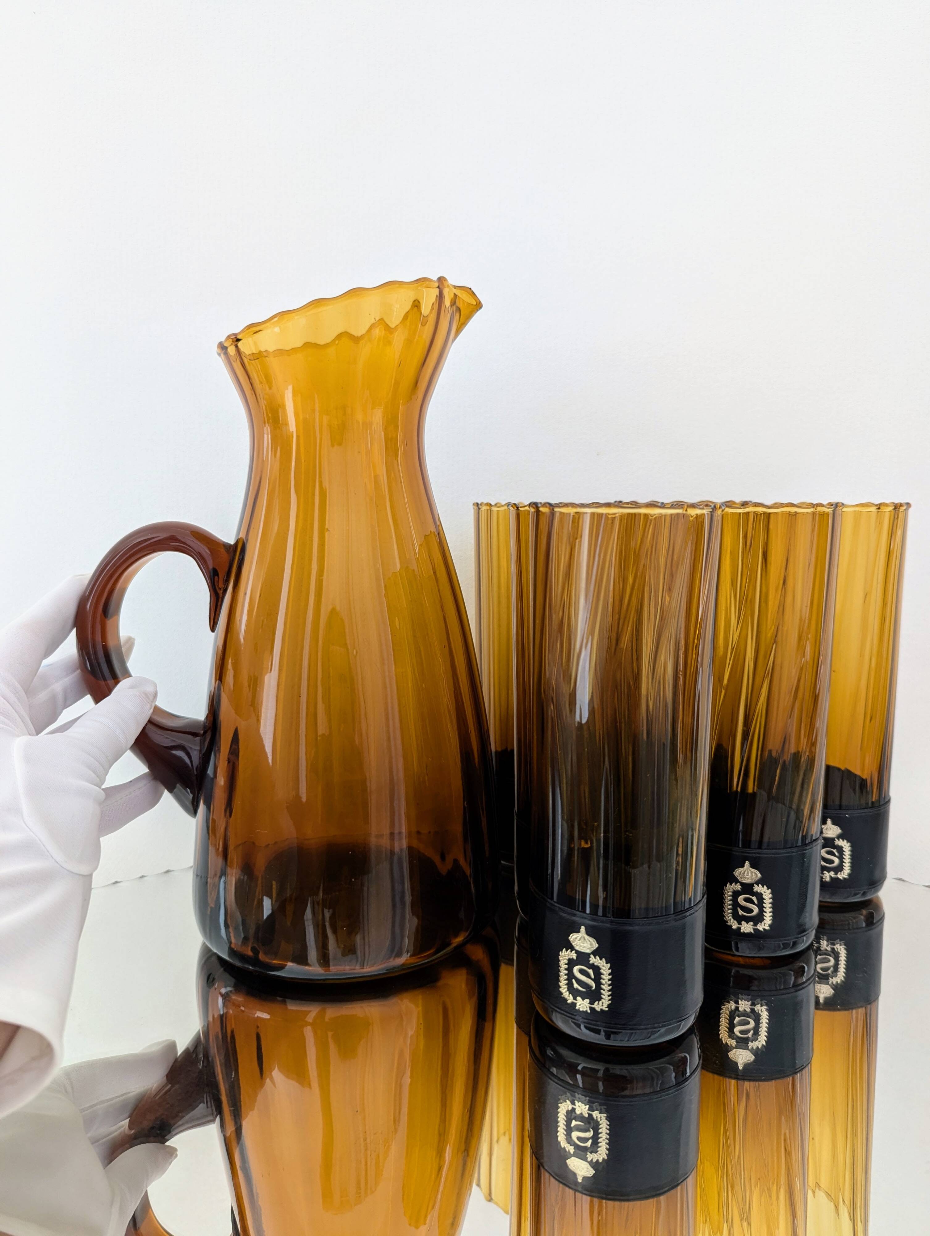 Amber blown glass orangeade set