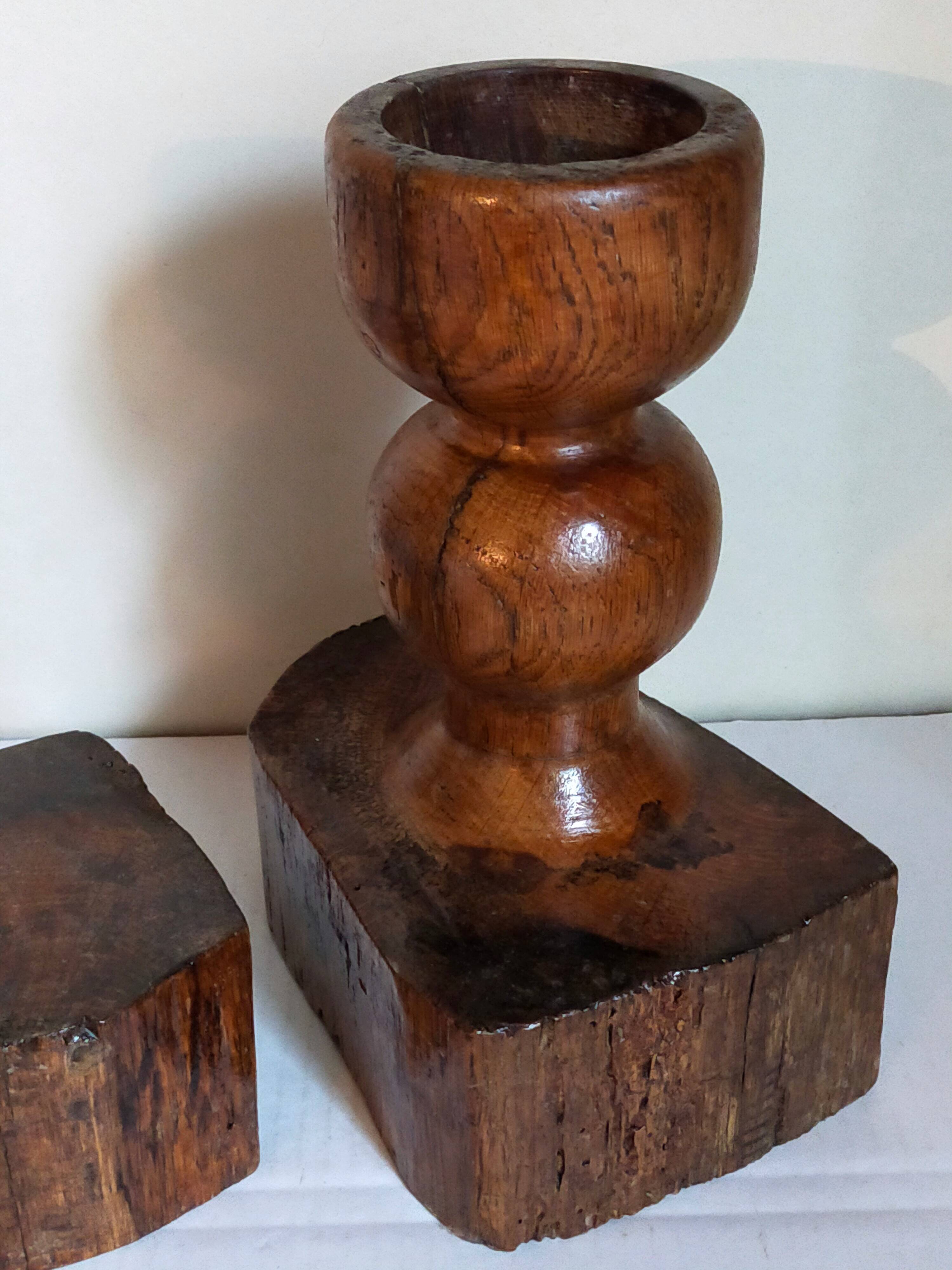 Pair of old brutalist turned solid wood candlesticks