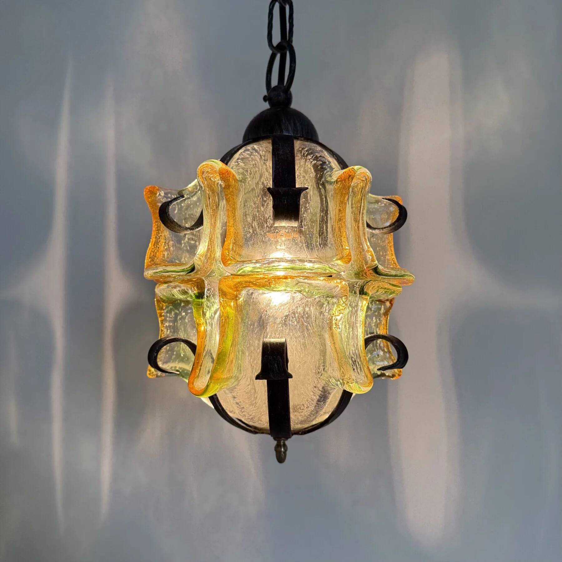 Brutalist glass and iron hanging lamp, 1970s