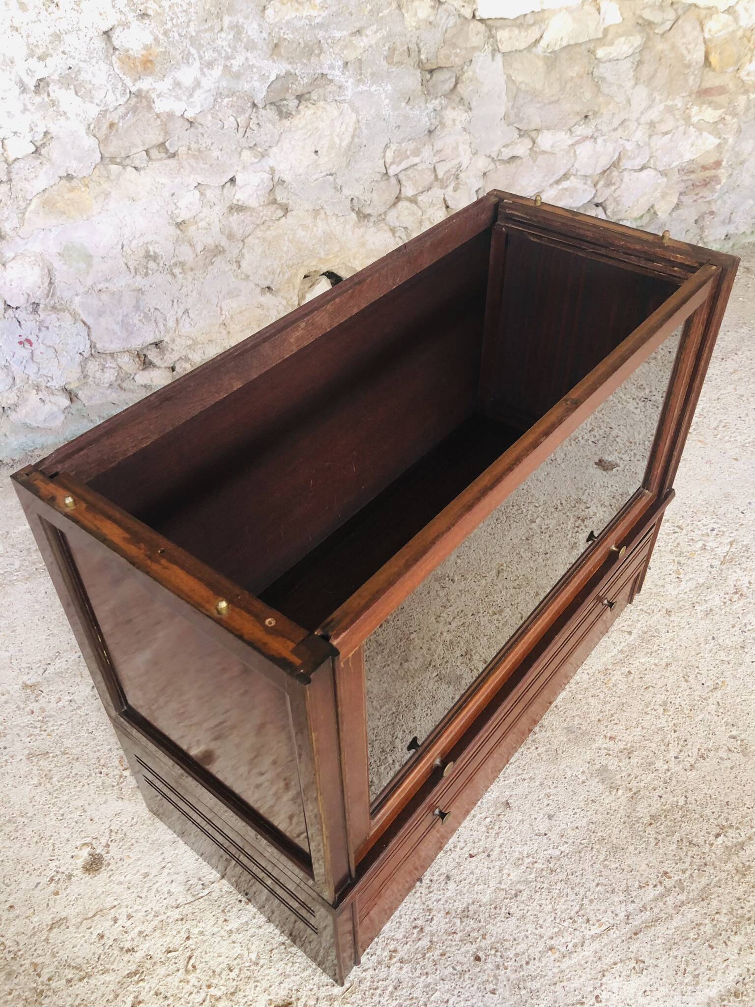 Vintage mahogany avocado bookcase with overhead glass doors circa 40's/50's