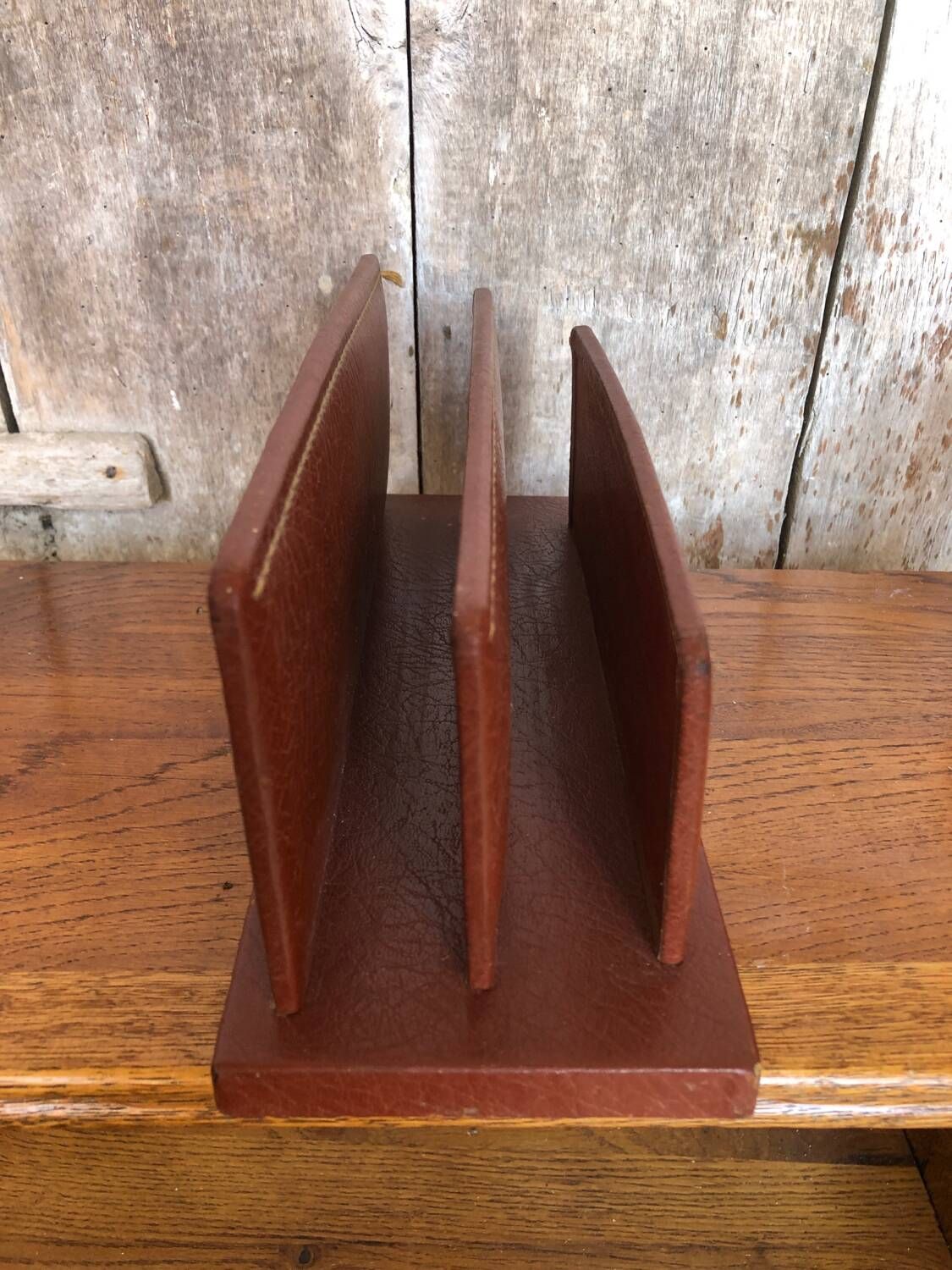 Old brown leather letter mail holder vintage office storage