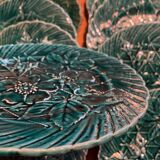 Set of 10 green earthenware dessert plates with a finely embossed floral pattern