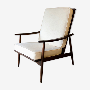 Fauteuil scandinave en teck, tissu Lelièvre