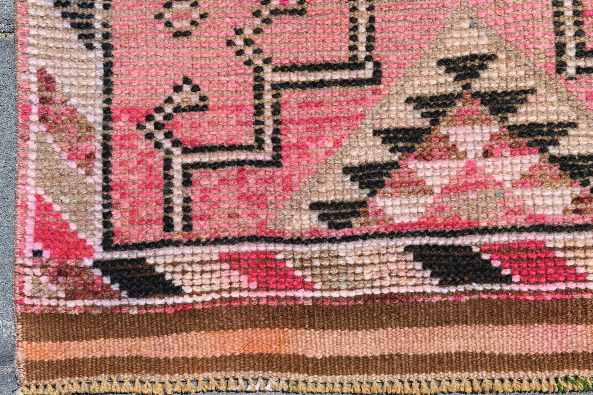 Tapis Couloir Rose à Médaillons, Tapis Turc Vintage, 86x364 Cm