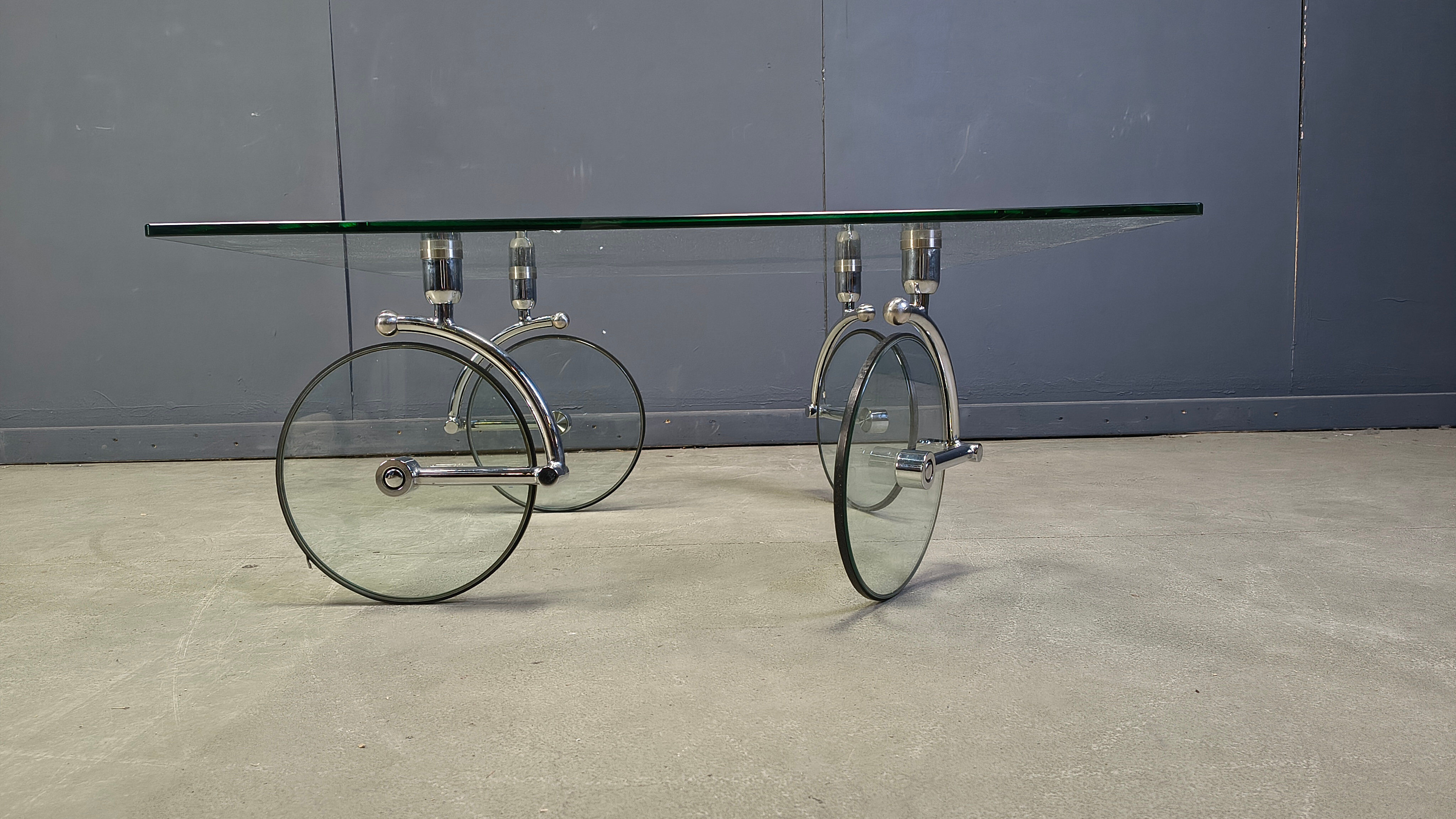 Glass coffee table with wheels, 1980s