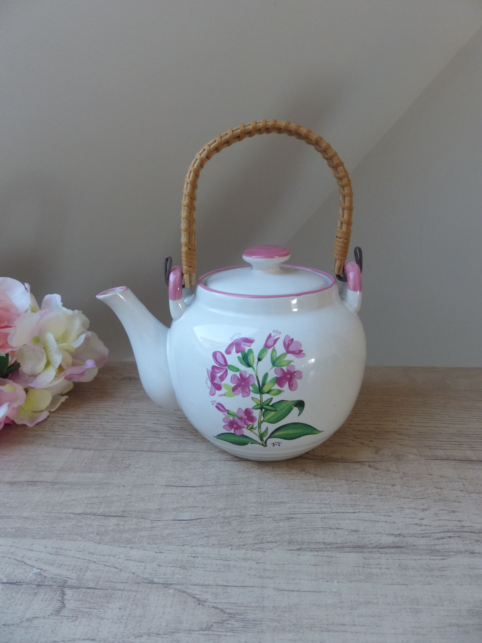 Korean teapot in white ceramic pattern pink flowers handle vintage wood
