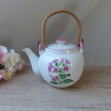 Korean teapot in white ceramic pattern pink flowers handle vintage wood