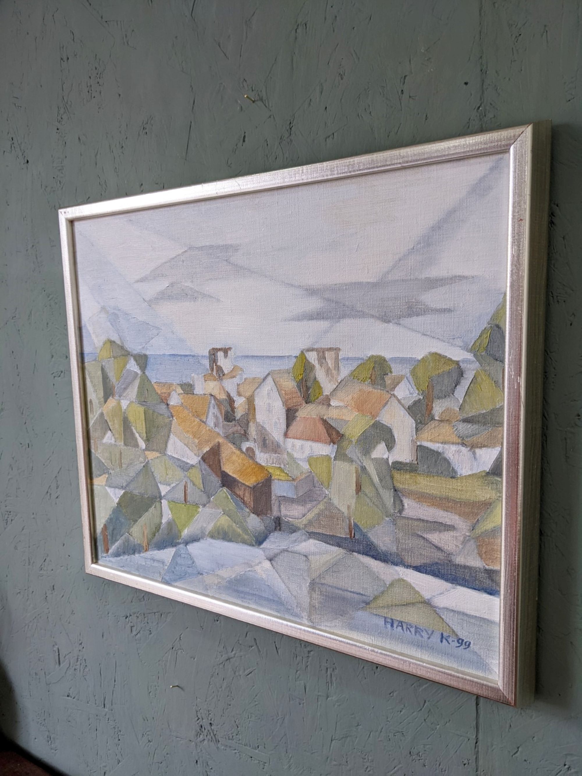 Framed Modernist Swedish Oil Painting "Cubist Coastal Town"