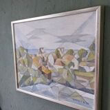 Framed Modernist Swedish Oil Painting "Cubist Coastal Town"