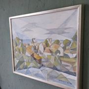 Framed Modernist Swedish Oil Painting "Cubist Coastal Town"