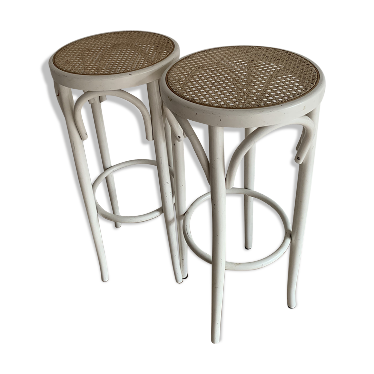 Paire de tabourets bistrot vintage canné blanc