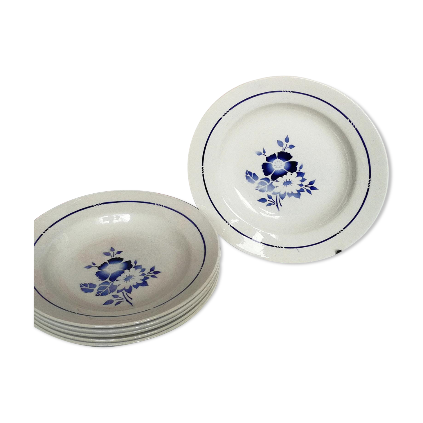 6 old blue flowers with stencil hollow plates