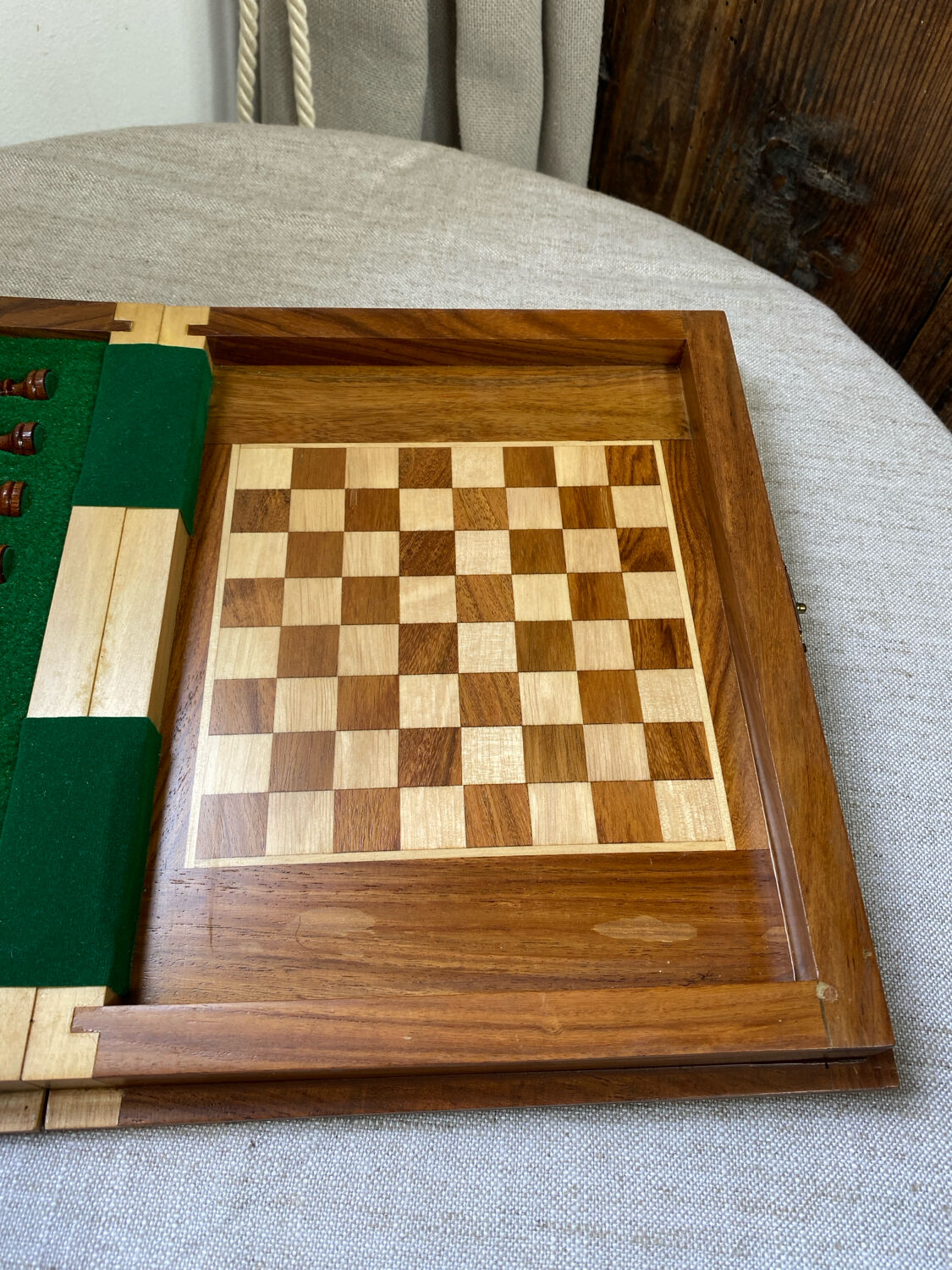 Wooden travel chess set, marquetry board