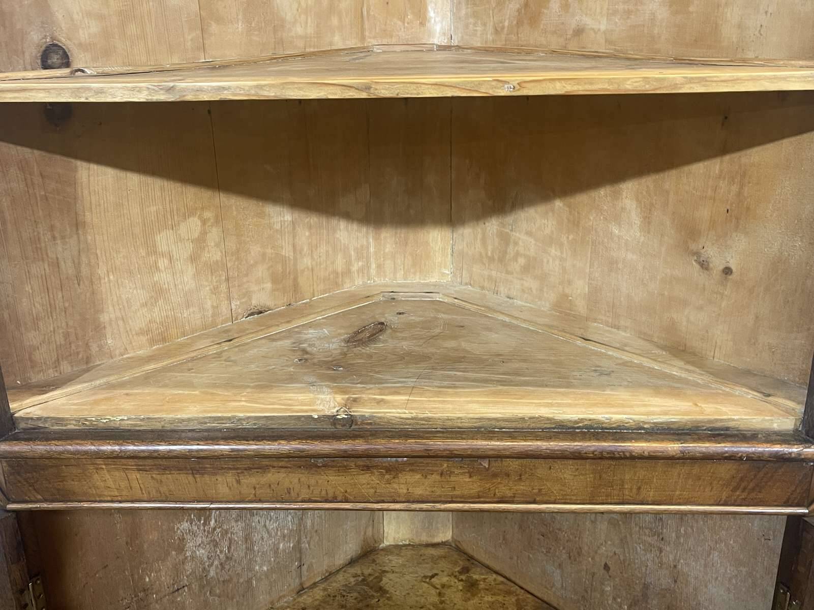 19th-century English corner cabinet in oak, mahogany, and fir.