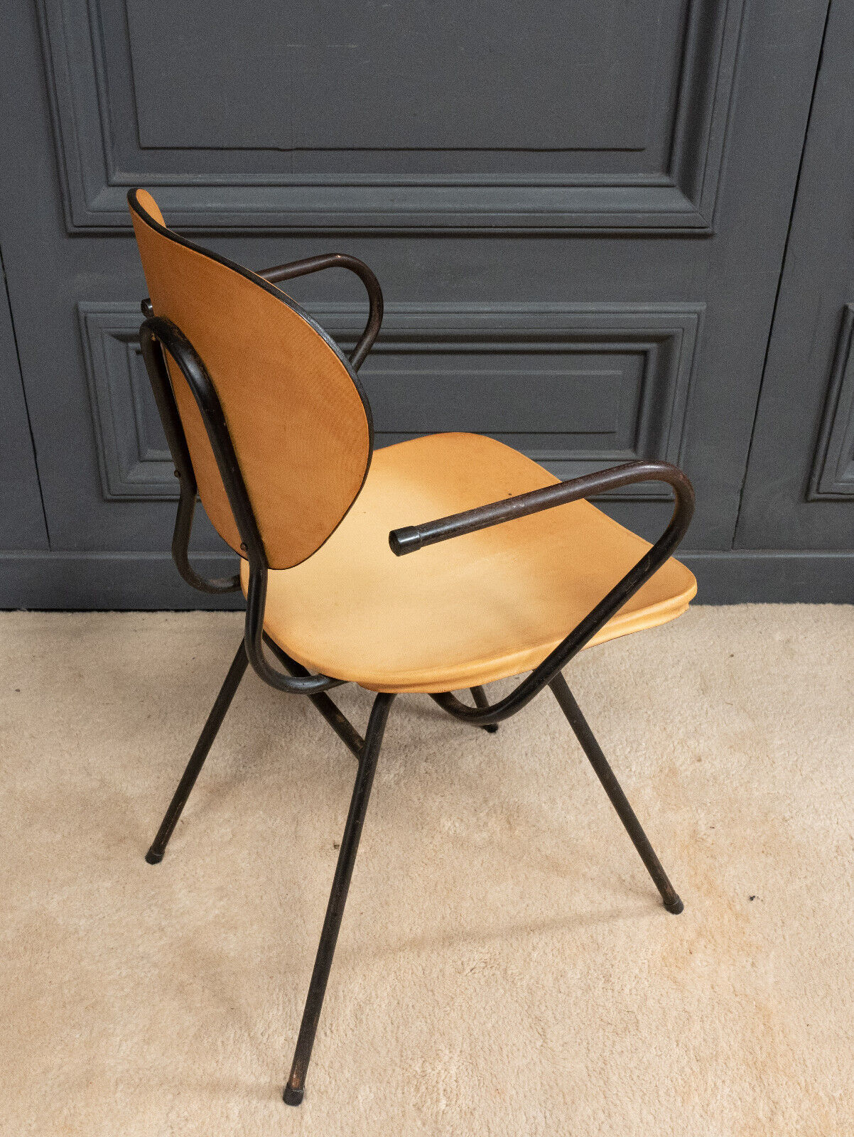Office chair 1960 tubular seat skaï patina cream