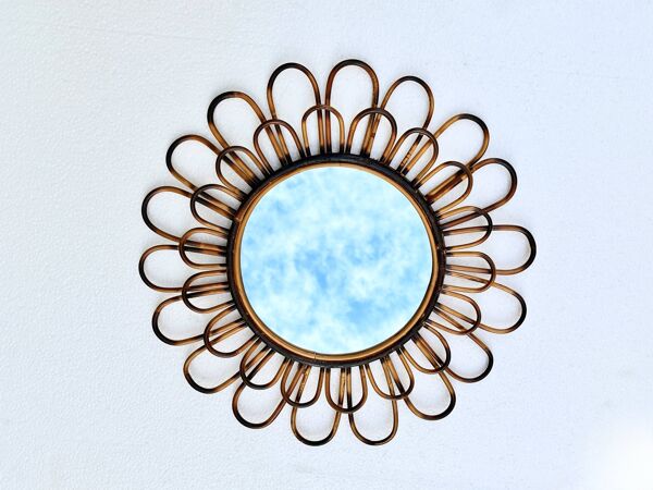 Miroir rond fleur soleil en rotin osier fumé vintage 1960 1970 47 cm folk