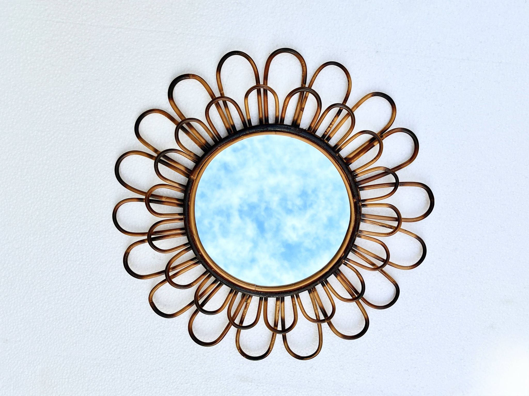 Round flower sun mirror in smoked wicker rattan vintage 1960s 1970s 47 cm folk