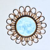 Round mirror flower sun in smoked rattan wicker vintage 1960 1970 47 cm folk