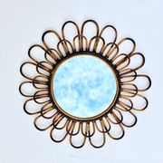 Round flower sun mirror in smoked wicker rattan vintage 1960s 1970s 47 cm folk