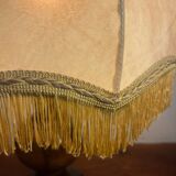 Solid wood floor lamp with 50s fabric and leather shade