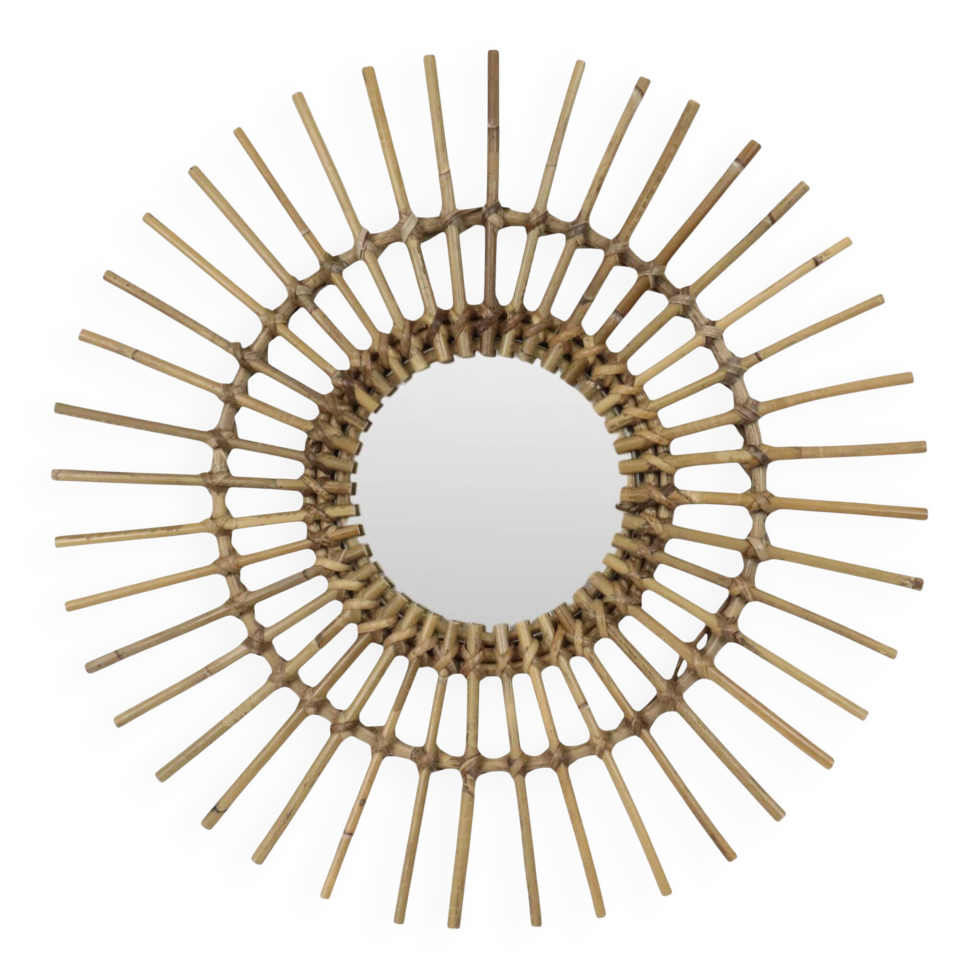 Miroir en rotin et bambou en forme de soleil du milieu du siècle, France, 58 cm
