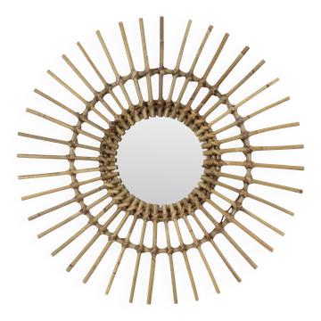 Miroir en rotin et bambou en forme de soleil du milieu du siècle, France, 58 cm