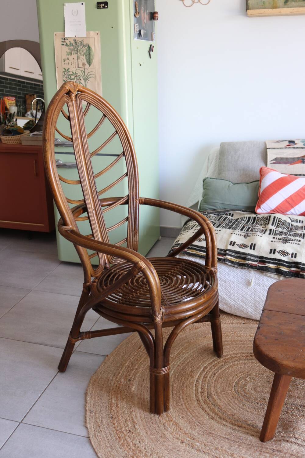 Fauteuil feuille bambou et rotin 1970 vintage