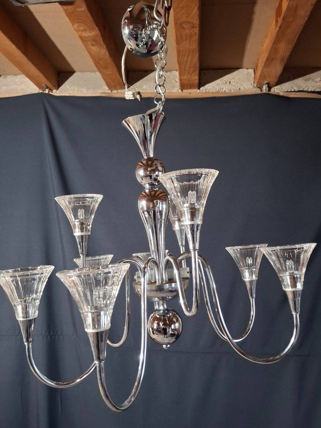 Chandelier from the 1930s to 1950s in chrome metal and thick glass.