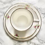 Teacup on its saucer and porcelain cake plate