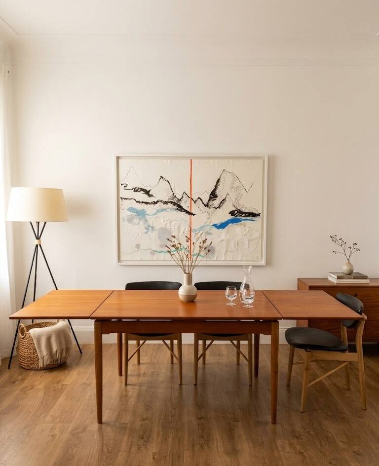 Table de salle à manger danoise. Teck massif avec détails en chêne. Fabriquée en 1960.