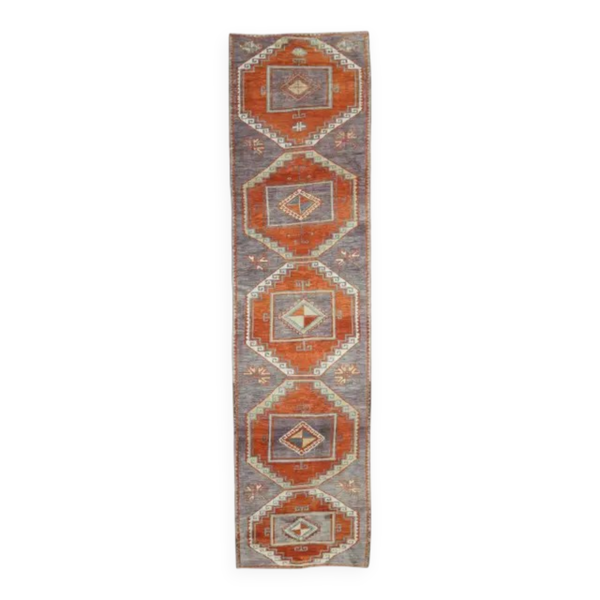 1970s Vintage Turkish Oushak Diamond Wool Runner 90x351